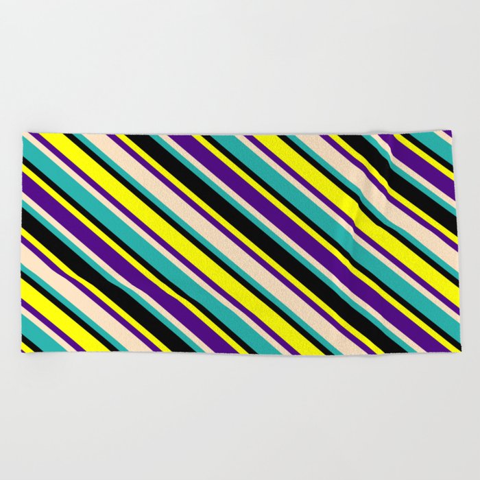 Eyecatching Yellow, Indigo, Bisque, Light Sea Green, and Black Colored Lined Pattern Beach Towel
