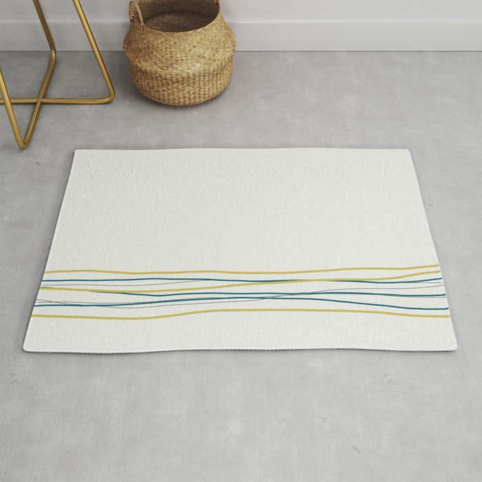 Off White, Dark Yellow and Tropical Dark Teal Inspired by Sherwin Williams 2020 Trending Color Oceanside SW6496 Scribble Lines Pattern Bottom 3 Rug