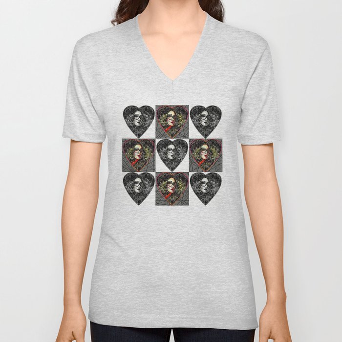 Modern Baroque Vintage Hearts and Squares V Neck T Shirt