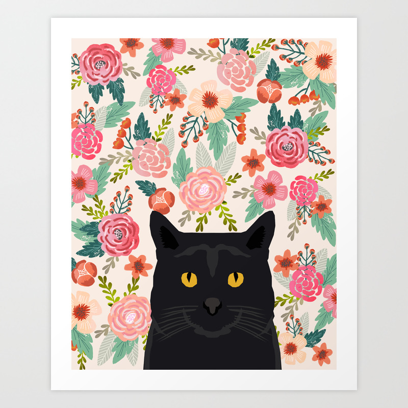 Black Cat florals spring summer animal portrait pet friendly cat lady gifts  for her or him cute cats Art Print by PetFriendly | Society6