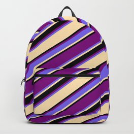 [ Thumbnail: Purple, Medium Slate Blue, Beige, and Black Colored Striped/Lined Pattern Backpack ]