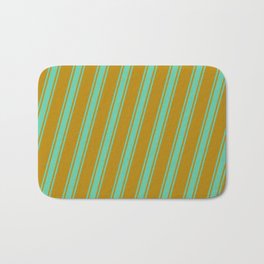 [ Thumbnail: Dark Goldenrod & Aquamarine Colored Striped/Lined Pattern Bath Mat ]