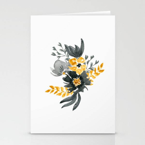 Black and Yellow Watercolor Floral Branche. Stationery Cards