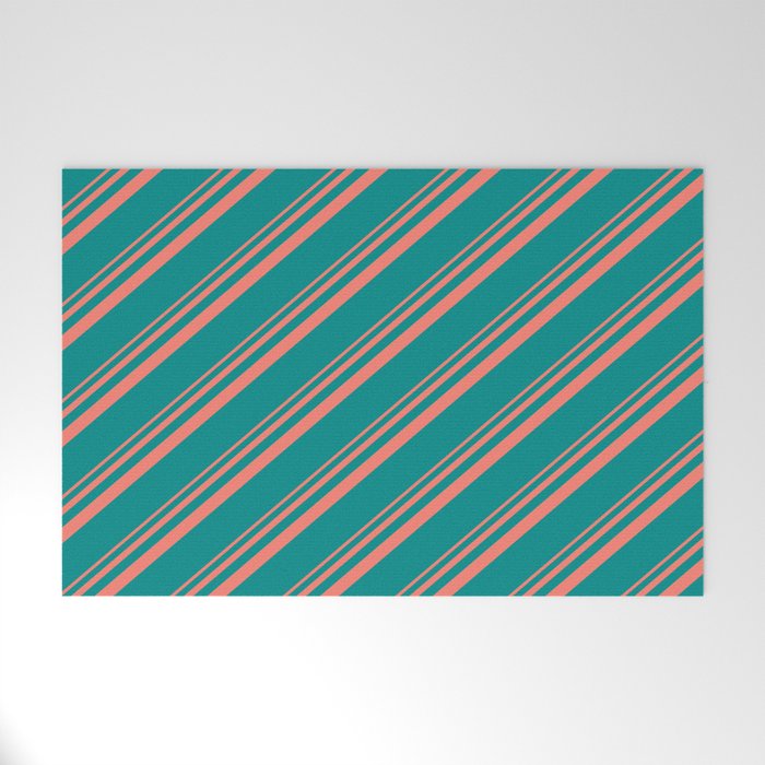 Salmon and Dark Cyan Colored Lined/Striped Pattern Welcome Mat