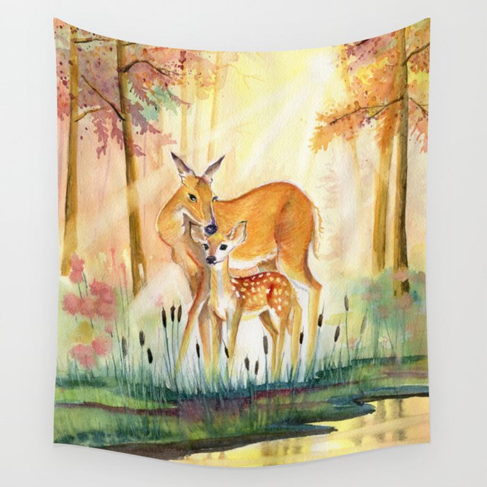 Mom and Little Deer Wall Tapestry