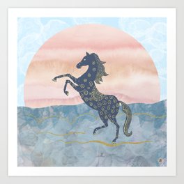 Rearing Horse in the Morning Sunrise - Ornamental Gold Theme Art Print