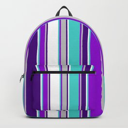 [ Thumbnail: Eyecatching Turquoise, Dark Violet, Grey, Indigo, and White Colored Pattern of Stripes Backpack ]