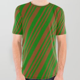 [ Thumbnail: Brown & Green Colored Stripes Pattern All Over Graphic Tee ]