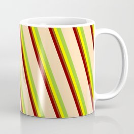 [ Thumbnail: Vibrant Maroon, Tan, Green, Yellow & Brown Colored Lined/Striped Pattern Coffee Mug ]