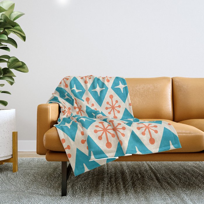 Mid Century Modern Atomic Age Googie Pattern 107 Turquoise and Orange Throw Blanket