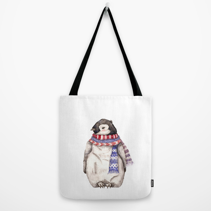 Baby Penguin In Red And Blue Scarf Winter Season Tote Bag By