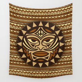 Ethnic symbol-mask of the Maori people - Tiki on seamless pattern. Thunder-like is symbol of God. Sacrad tribal sign in the Polenesian style. Wall Tapestry