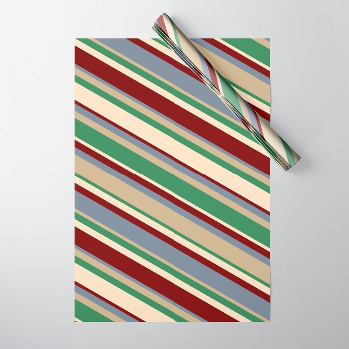 Vibrant Light Slate Gray, Tan, Sea Green, Bisque, and Maroon Colored Lines Pattern Wrapping Paper