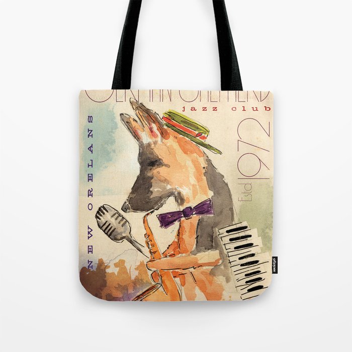 german shepherd dog gsd jazz music poster musician keyboard saxophone art artwork Tote Bag