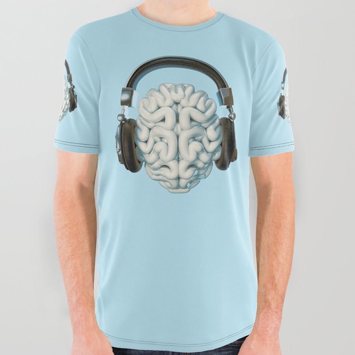 Mind Music Connection /3D render of human brain wearing headphones All Over Graphic Tee