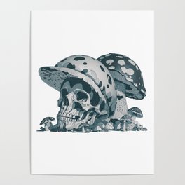 black and white ghost mushroom skull illustration Poster