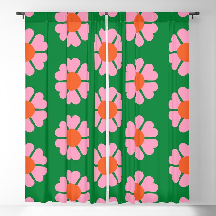 70s Retro Flower Power Pattern in Green, Pink & Orange Blackout Curtain