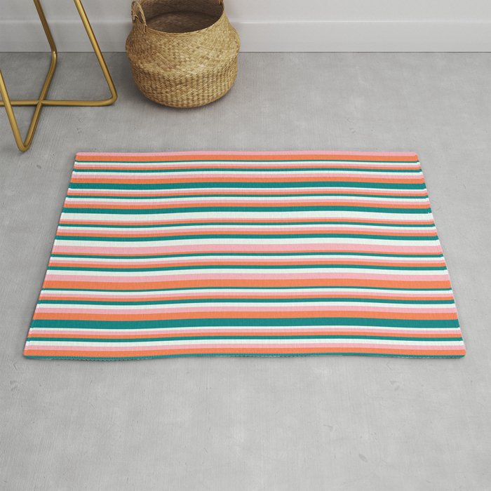 Teal, Mint Cream, Light Pink, and Coral Colored Lines/Stripes Pattern Rug