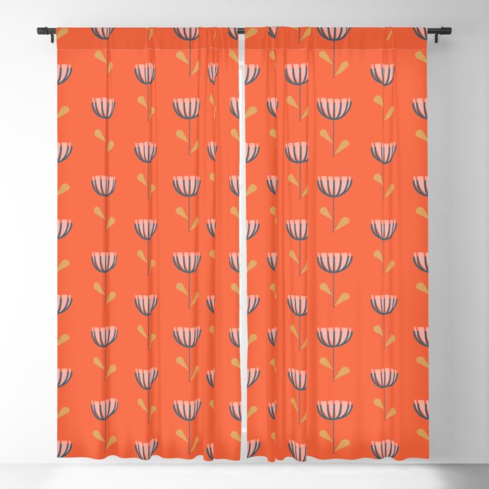 Scandi Folk Flowers Pattern in Orange Blackout Curtain