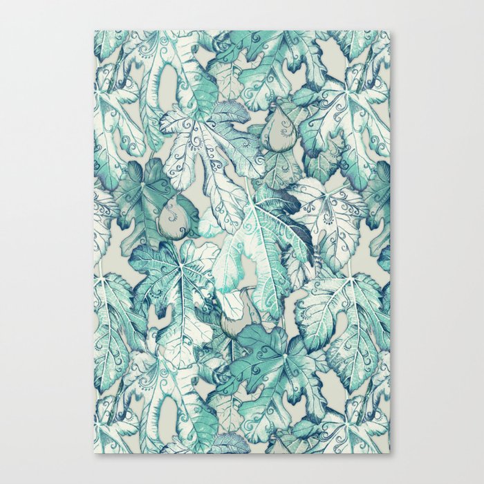 Fig Leaf Fancy - a pattern in teal and grey Canvas Print