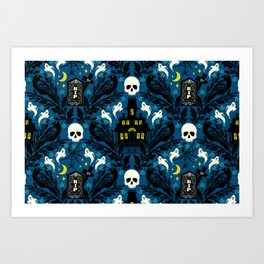  Halloween damask with haunted house, skulls, and ravens Art Print