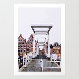Iconic bridge and canal houses alongside Spaarne river in winter | Haarlem historical city, the Netherlands | Urban travel photography Art Print