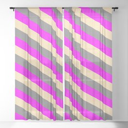 [ Thumbnail: Fuchsia, Beige, and Gray Colored Striped Pattern Sheer Curtain ]