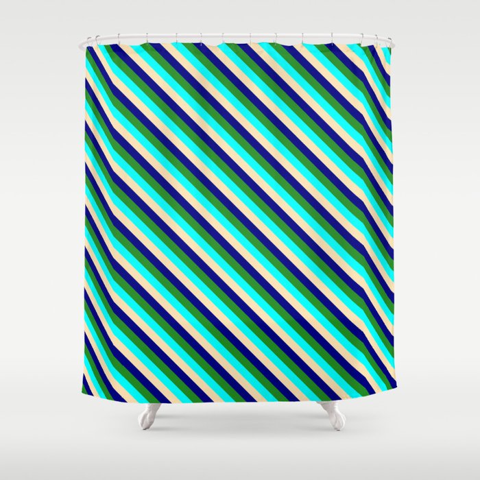 Beige, Blue, Forest Green, and Cyan Colored Stripes/Lines Pattern Shower Curtain
