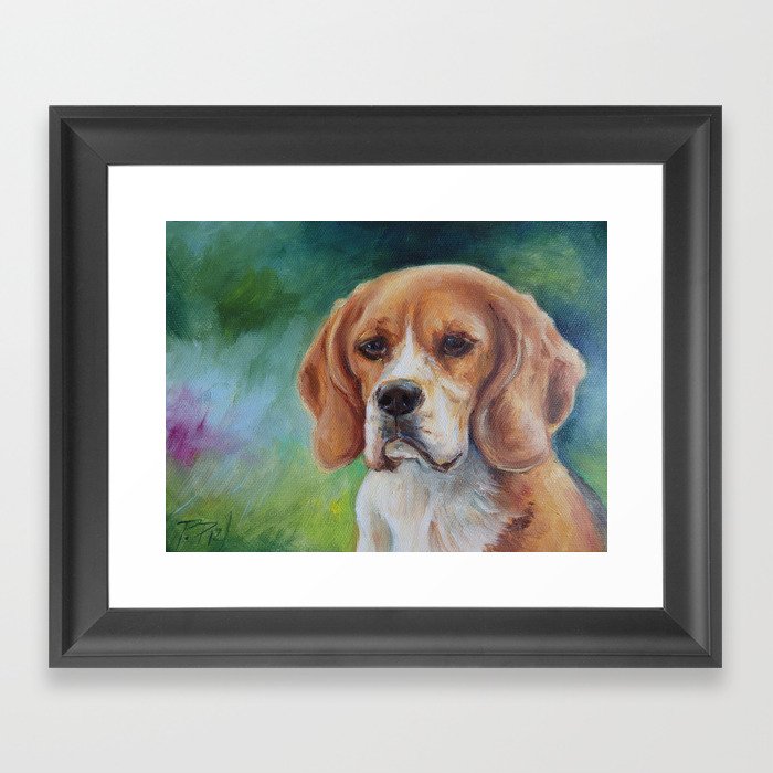 BEAGLE Cute Dog portrait oil painting on canvas Decor for Pet lover Green  background Framed Art Print by CanisArtStudio | Society6