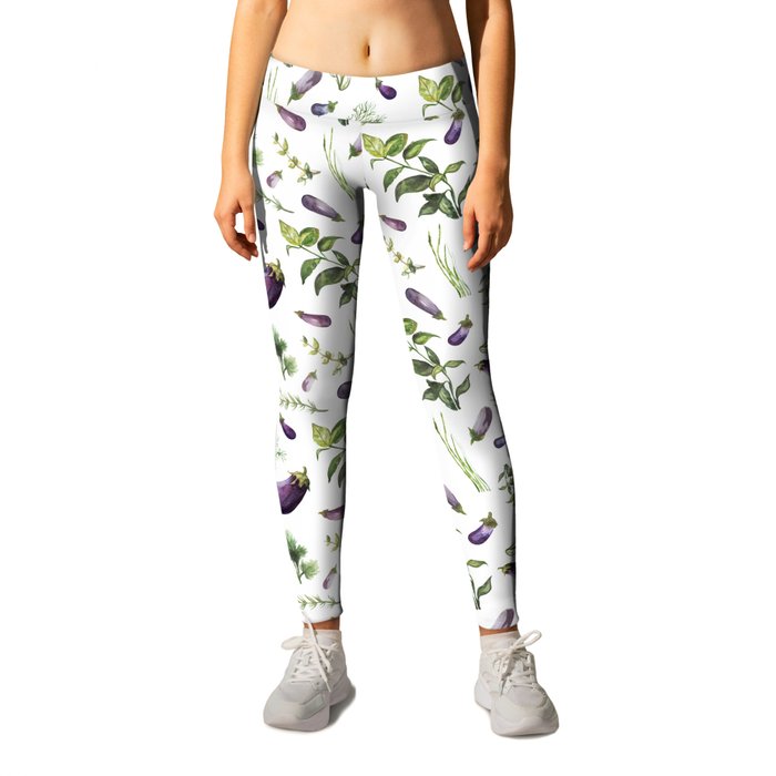 Purple - Green Eggplants & Herbs pattern Leggings