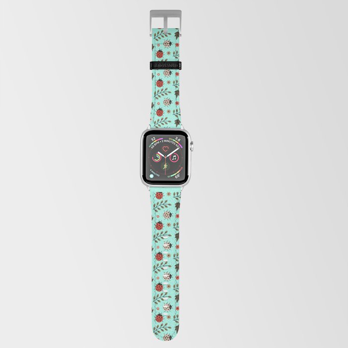 Ladybug and Floral Seamless Pattern on Seafoam Background Apple Watch Band