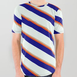 [ Thumbnail: Tan, Red, Blue & Mint Cream Colored Stripes/Lines Pattern All Over Graphic Tee ]