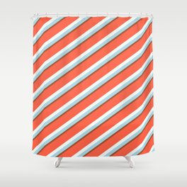 [ Thumbnail: Red, Mint Cream, Light Blue, and Sienna Colored Lines/Stripes Pattern Shower Curtain ]