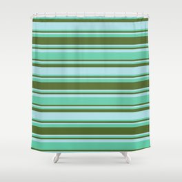 [ Thumbnail: Aquamarine, Dark Olive Green, and Powder Blue Colored Stripes/Lines Pattern Shower Curtain ]