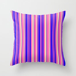 [ Thumbnail: Hot Pink, Pale Goldenrod, Dark Orchid & Blue Colored Stripes Pattern Throw Pillow ]