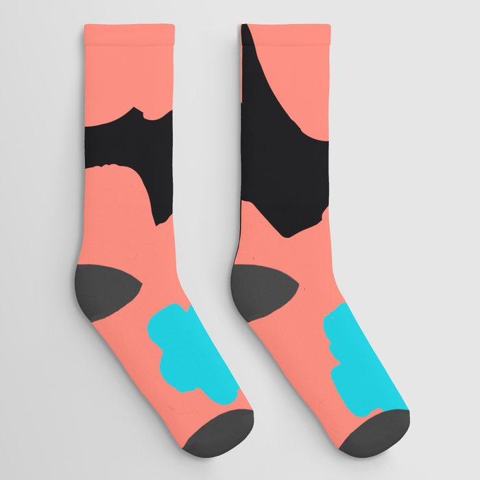 Large Pop-Art Retro Flowers in Coral on Black Background  Socks