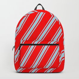 [ Thumbnail: Red and Light Blue Colored Lined Pattern Backpack ]