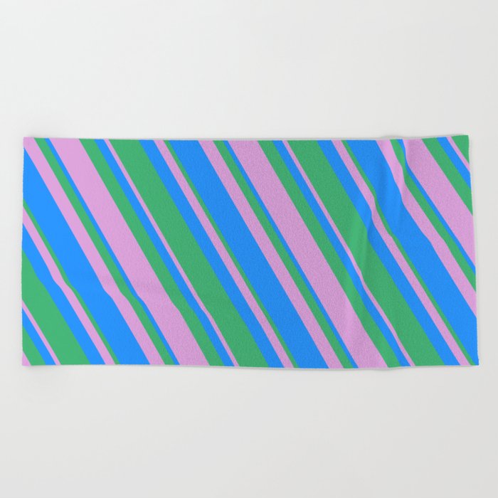 Blue, Sea Green, and Plum Colored Pattern of Stripes Beach Towel