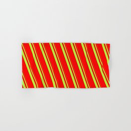 [ Thumbnail: Light Green and Red Colored Stripes Pattern Hand & Bath Towel ]