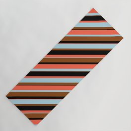 [ Thumbnail: Red, Light Blue, Brown, and Black Colored Lines/Stripes Pattern Yoga Mat ]