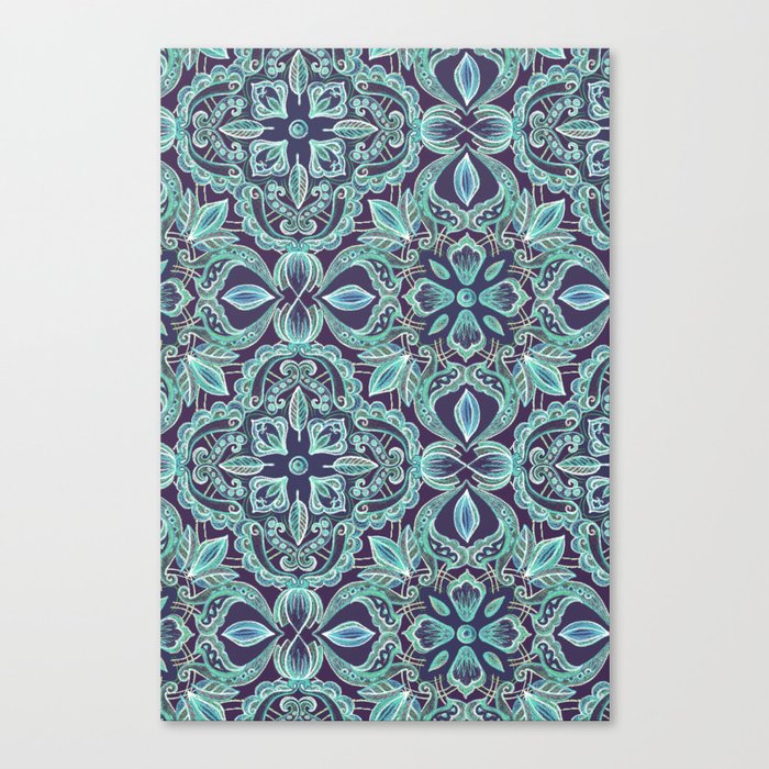 Chalkboard Floral Pattern in Teal & Navy Canvas Print