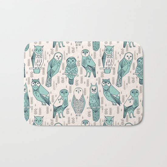 Parliament of Owls - Pale Turquoise by Andrea Lauren Bath Mat