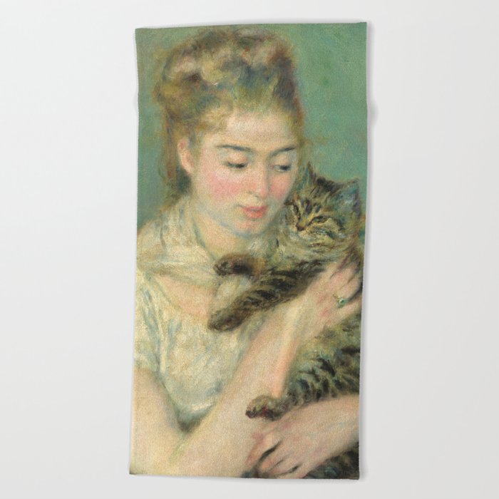 Woman With A Cat Oil Painting By Auguste Renoir Beach Towel By Podartist Society6