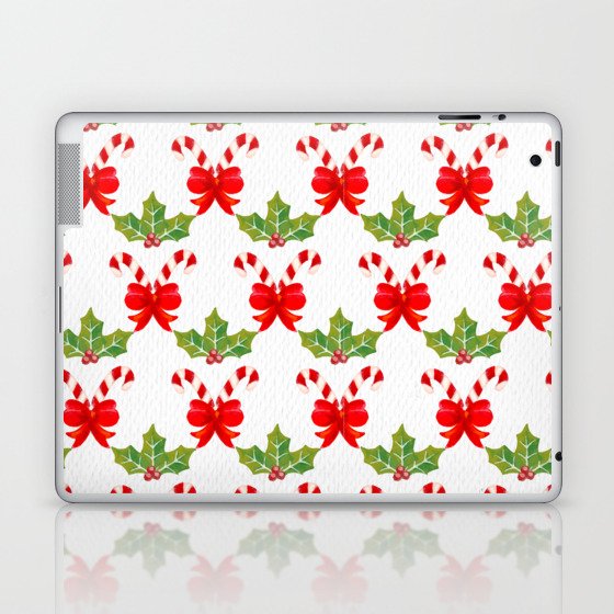 Christmas Pattern Watercolor Candy Bow Mistletoe Laptop & iPad Skin