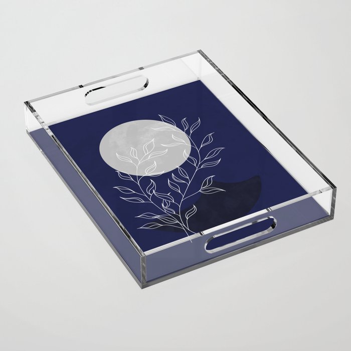 Abstract landscape in midnight blue with a silver moon Acrylic Tray