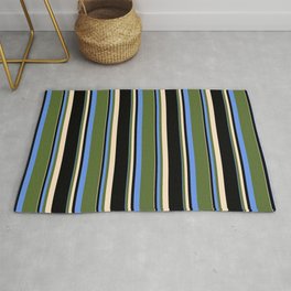[ Thumbnail: Cornflower Blue, Dark Olive Green, Bisque, and Black Colored Striped Pattern Rug ]