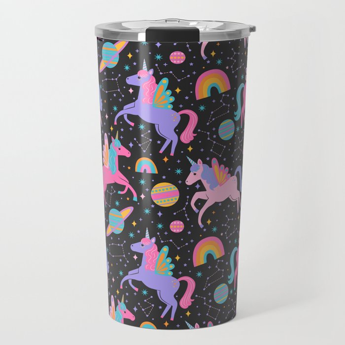 Space Unicorns - Neon Rainbow on Black Travel Mug