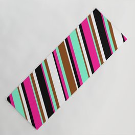 [ Thumbnail: Vibrant Deep Pink, Aquamarine, Brown, White, and Black Colored Striped Pattern Yoga Mat ]