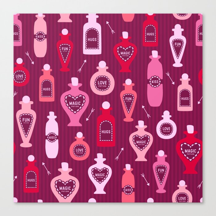Retro Valentine's magic potion bottles burgundy pattern Canvas Print
