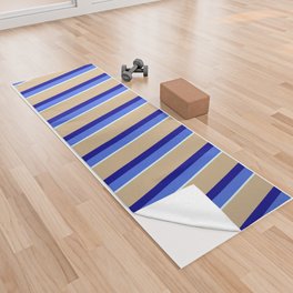 [ Thumbnail: Royal Blue, Dark Blue, Tan & Light Cyan Colored Stripes/Lines Pattern Yoga Towel ]